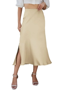 Detailed view of champagne satin midi skirt showing smooth texture and side slit detail