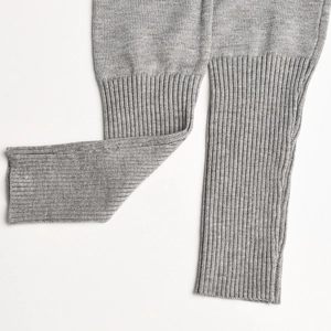 Detail shot of the heather grey ribbed cuffs on this knitted two-piece set for women