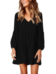 Women's black V-neck tiered babydoll dress with long sleeves and loose casual fit