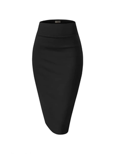 High-waisted black midi pencil skirt with a back slit and elegant bodycon silhouette