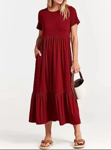 Detailed view of wine red midi dress featuring short sleeves and functional side pockets