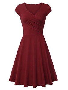 Femme Élégante Col en V Plissé Manches Courtes Robe Trapèze Sexy Slim Fit Taille Croisée Évasée Robe Midi Décontracté Bureau Fête