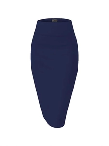 Deep blue high-waist bodycon pencil skirt with split back and sleek curve-hugging design