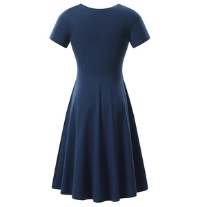 Back view of a navy blue short-sleeve A-line dress with round neck and flared waist