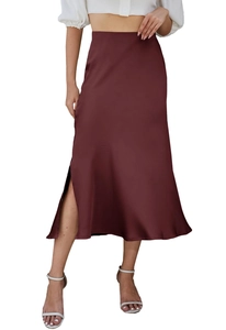 Close-up of elegant burgundy satin midi skirt featuring a side slit and silky texture