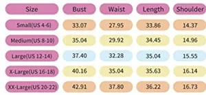 Size chart for ruffle sleeve solid color dress with US sizes 4 to 22 in inches