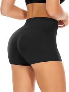 Women high waist black yoga shorts with scrunch butt lifting effect in side view