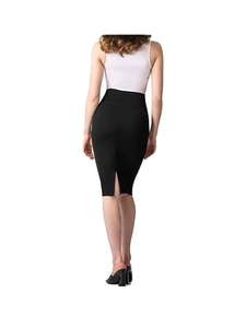 High-waisted black midi pencil skirt with a back slit for a professional office look