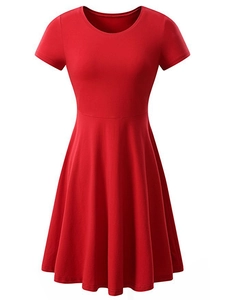 Detailed front view of a vibrant red crew neck short sleeve A-line dress for women
