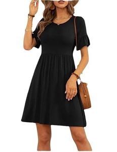 Detail view of black round neck dress with ruffle sleeves and pleated A-line skirt
