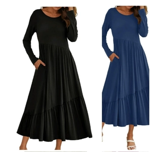 Robe Longue Décontractée Pour Femmes Manches Longues Col Rond À Volants Avec Poches Taille Haute Plissée Trapèze Fluide