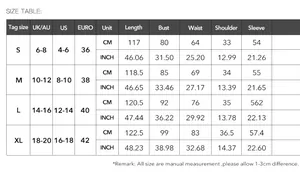 Size chart table for long sleeve elegant dress showing S to XL measurements in CM and INCH