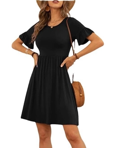 Detail of ruffle butterfly sleeves and crew neck on a solid black casual midi dress