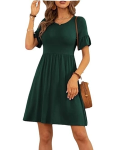 Detail of elegant ruffle sleeves and waist design on dark green A-line dress