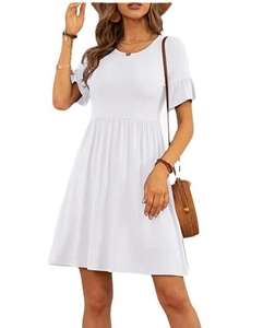 Detail of elegant ruffle sleeves and high waist design on a white A-line summer dress