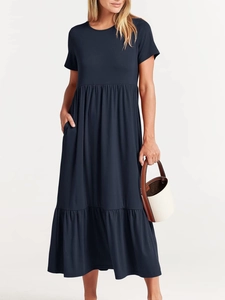 Women Casual Short Sleeve Round Neck Tiered Maxi Dress With Pockets High Waist Solid Color Summer Flowy A-Line Dress