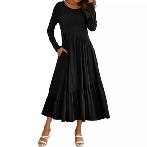 Robe midi fluide à manches longues taille haute décontractée asymétrique plissée à volants noir