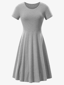 Detailed view of grey short-sleeve knit dress featuring a round neck and A-line waist