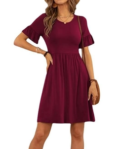 Detail of ruffle short sleeves and high waist pleated design on burgundy crewneck dress