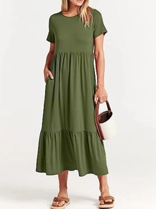 Short sleeve tiered olive green maxi dress for women featuring round neck and side pockets