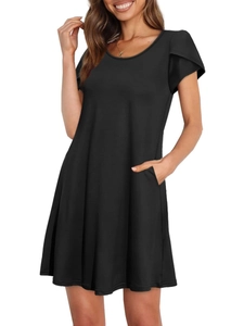 Robe Décontractée pour Femmes Couleur Unie Col Rond Manches Pétales Ligne A Avec Poches Été Manches Courtes Navette Robe Midi