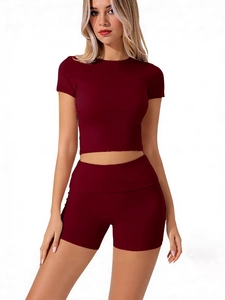 Top E Pantaloni Sportivi Casual Da Donna Girocollo Manica Corta E Pantaloncini Aderenti A Vita Alta Tinta Unita Estate