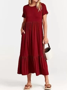 Short sleeve wine red tiered maxi dress for women with crew neck and side pockets