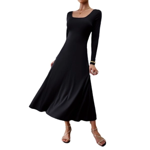 Detail of elegant black long sleeve midi dress with square neck and A-line silhouette