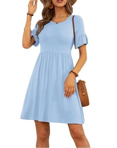 Detail of light blue crew neck dress with ruffle sleeves and knit texture finish