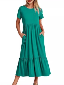 Green short sleeve casual tiered maxi dress with round neck and side pockets for women