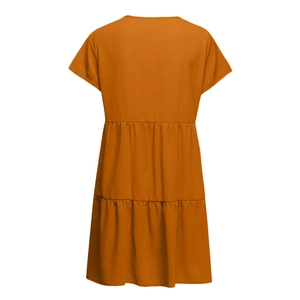 Detail of a burnt orange tiered dress featuring three layers and soft pleated texture
