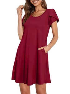 Robe courte ligne A bordeaux avec manches tulipe élégantes et col rond pour femme