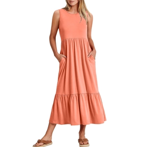 Robe longue sans manches corail à volants avec col rond et poches latérales utiles