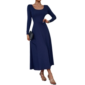 Detail of elegant navy blue long sleeve maxi dress featuring a cinched waist and A-line hem