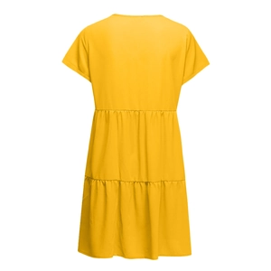 Rear view of yellow short-sleeved tiered dress featuring a loose A-line silhouette
