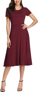 Detailed view of a slim-fit wine red midi dress with short sleeves and an A-line skirt