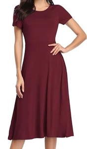 Detail of burgundy short sleeve dress with slim waist and flared midi length skirt