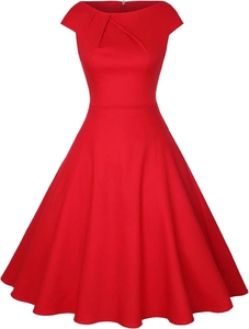 Robe de cocktail trapèze rouge élégante avec décolleté plissé et taille ajustée