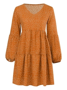 Women V-neck long sleeve polka dot ruffle dress in caramel brown tiered design