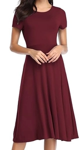Detail view of burgundy short sleeve A-line dress showing slim waist and soft fabric texture