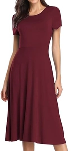 Close-up of wine red short-sleeve dress with slim waist and soft fabric texture