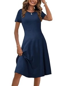 Slim fit women's short sleeve A-line summer dress with round neck in dark navy blue color