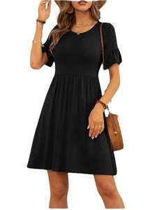 Women Ruffle Sleeve Round Neck High Waist Midi Dress Summer Casual Solid Color A-Line Elegant Commuter Pleated Dress