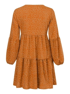 Caramel polka dot long sleeve tiered ruffle maxi dress with lantern sleeves back view