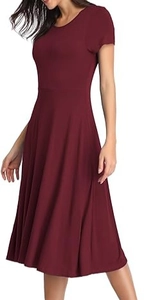 Detail of a slim fit wine red A-line dress with short sleeves and round neckline