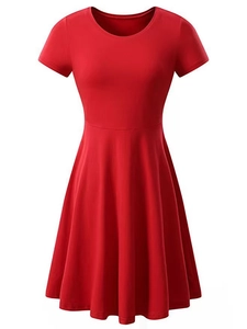 Slim fit red short-sleeve A-line dress with a round neck and pleated skirt detail