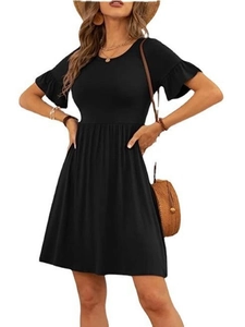 Solid black A-line dress featuring ruffle short sleeves and a simple crew neck style