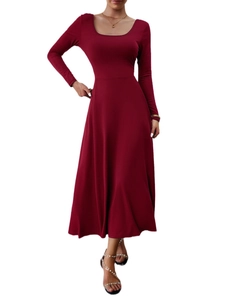 Elegant Long Sleeve A-Line Maxi Dress For Women Slim Fit Waist U-Neck Polyester Spandex Solid Color Casual Banquet Gown