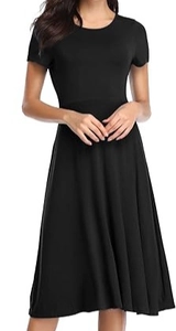 Close-up of a black A-line short sleeve dress featuring a slim waist and soft fabric