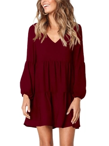 Women's V-neck wine red long sleeve polka dot tiered ruffle loose mini dress